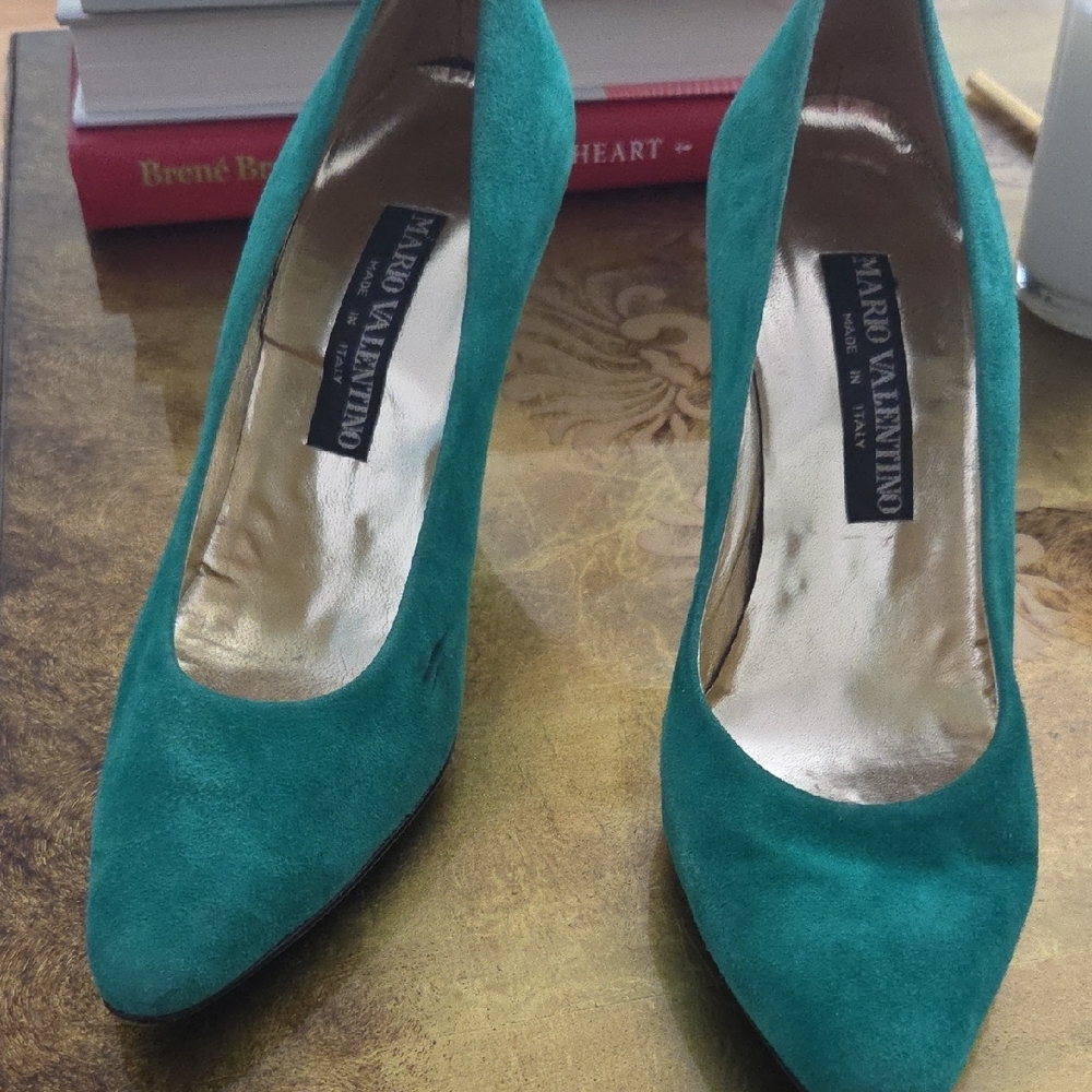 Mario Valentino Teal Suede Heels
